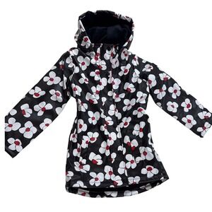 Hunter Girls Floral Rain Jacket Black White Red Fleece Lined‎ Hooded Coat Size 6